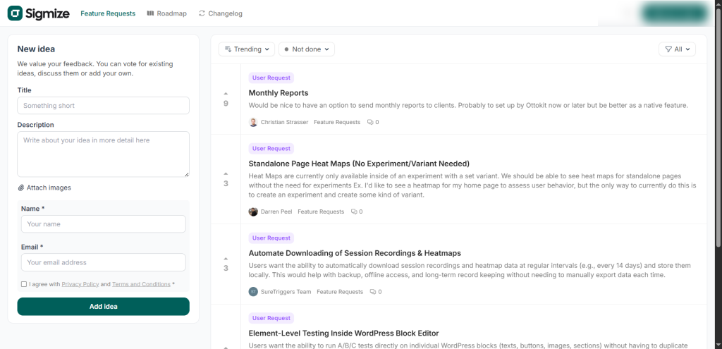 What Is Sigmize? The Real Story, Brand, And The A/B Testing Platform Sigmize ideas board website screenshot for users to request features and suggest ideas for sigmize A/B Testing platform.