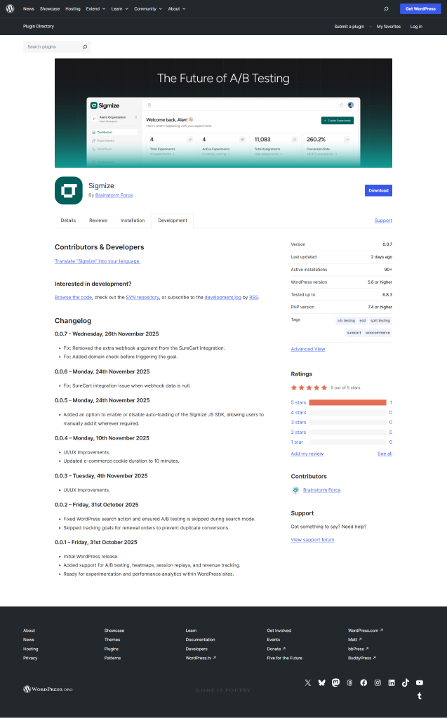 What Is Sigmize? The Real Story, Brand, And The A/B Testing Platform Sigmize changelogs in WordPress