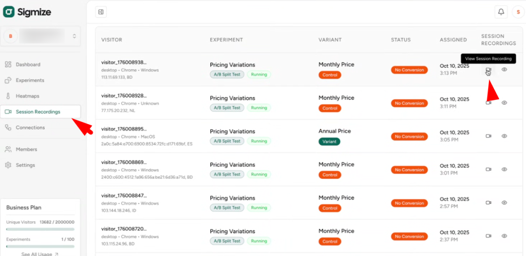 Setting up Session Recording with Sigmize image