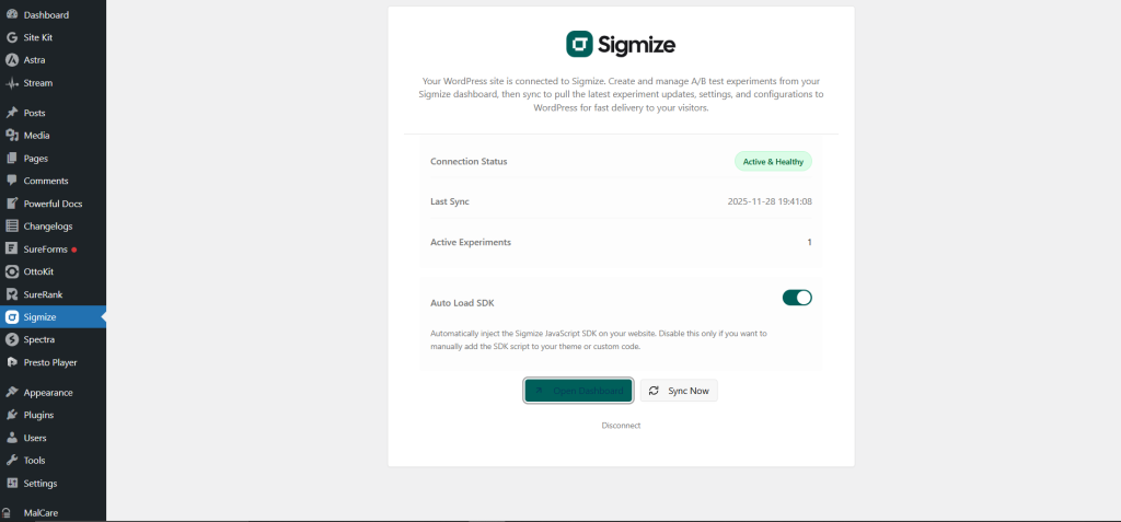 Sigmize - A/B Testing For Wordpress And Woocommerce That Actually Works Sigmize plugin inside of WordPress
