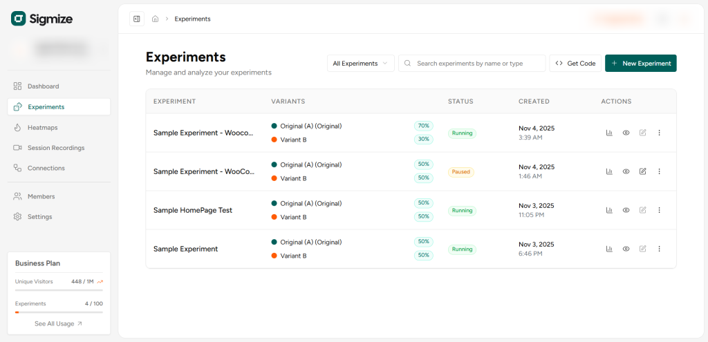 Sigmize - A/B Testing For Wordpress And Woocommerce That Actually Works Sigmize A/B testing experiments dashboard.