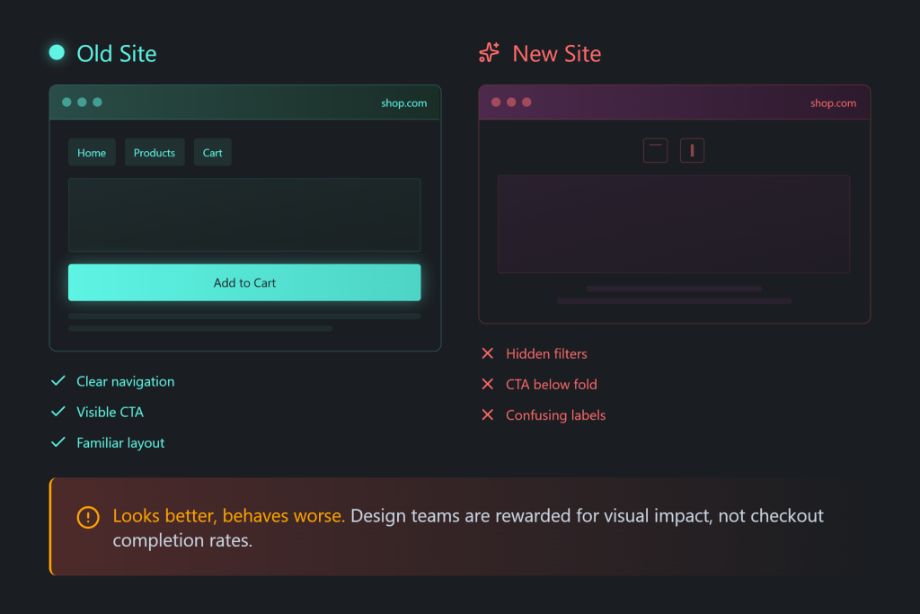 What designs team miss during website redesign as they are are often rewarded for visual impact and not for improving conversion rates.