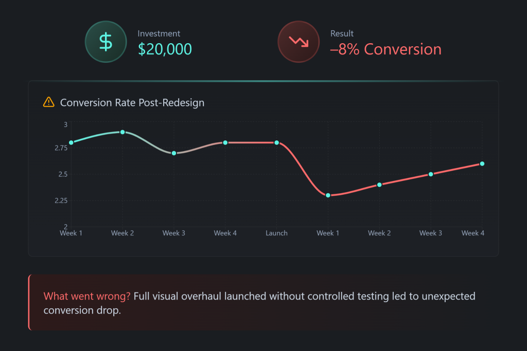 You spent lot of amount on a redesign of your website.. Conversions dropped 8%.  Find out what went wrong?
