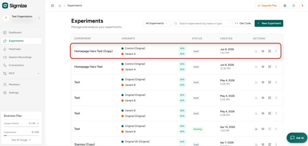 sigmize experiments dashboard listing a b tests and statuses